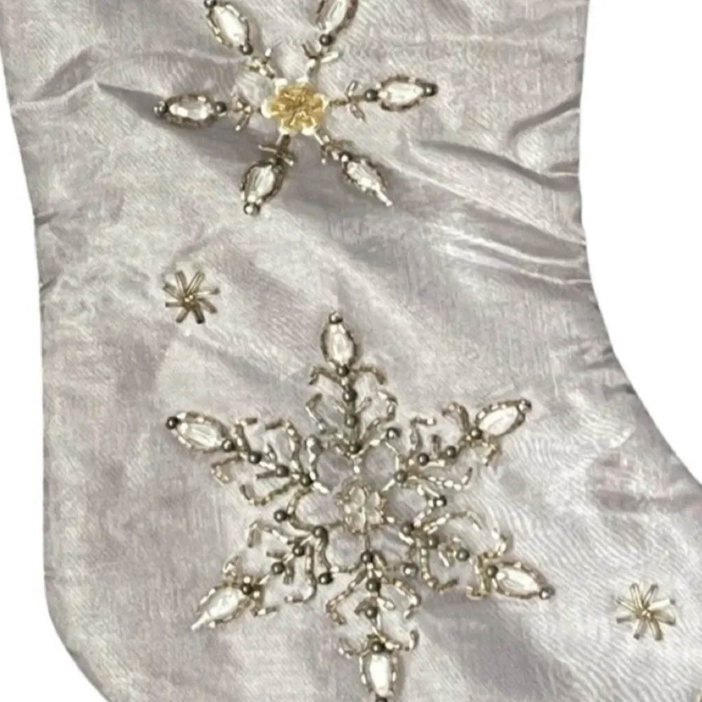 Sparkling Beaded Embroidered Silver Gold Snowflake Christmas Stocking NWOT